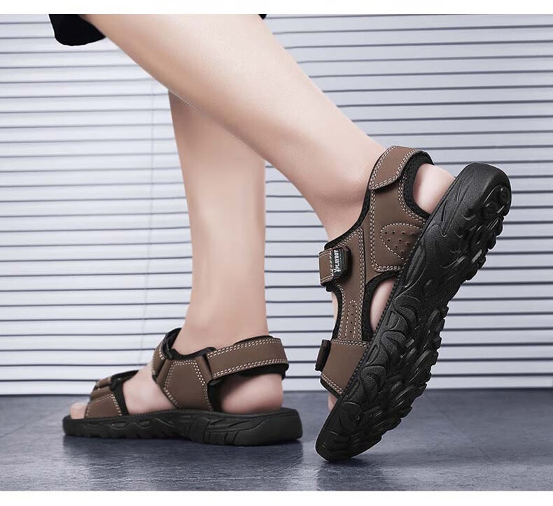 PLAYBOY Men's Sandals, Summer 2025 Breathable Beach Shoes, Korean-Style Perforated Shoes with Velcro Slippers, Black, Size 40 11