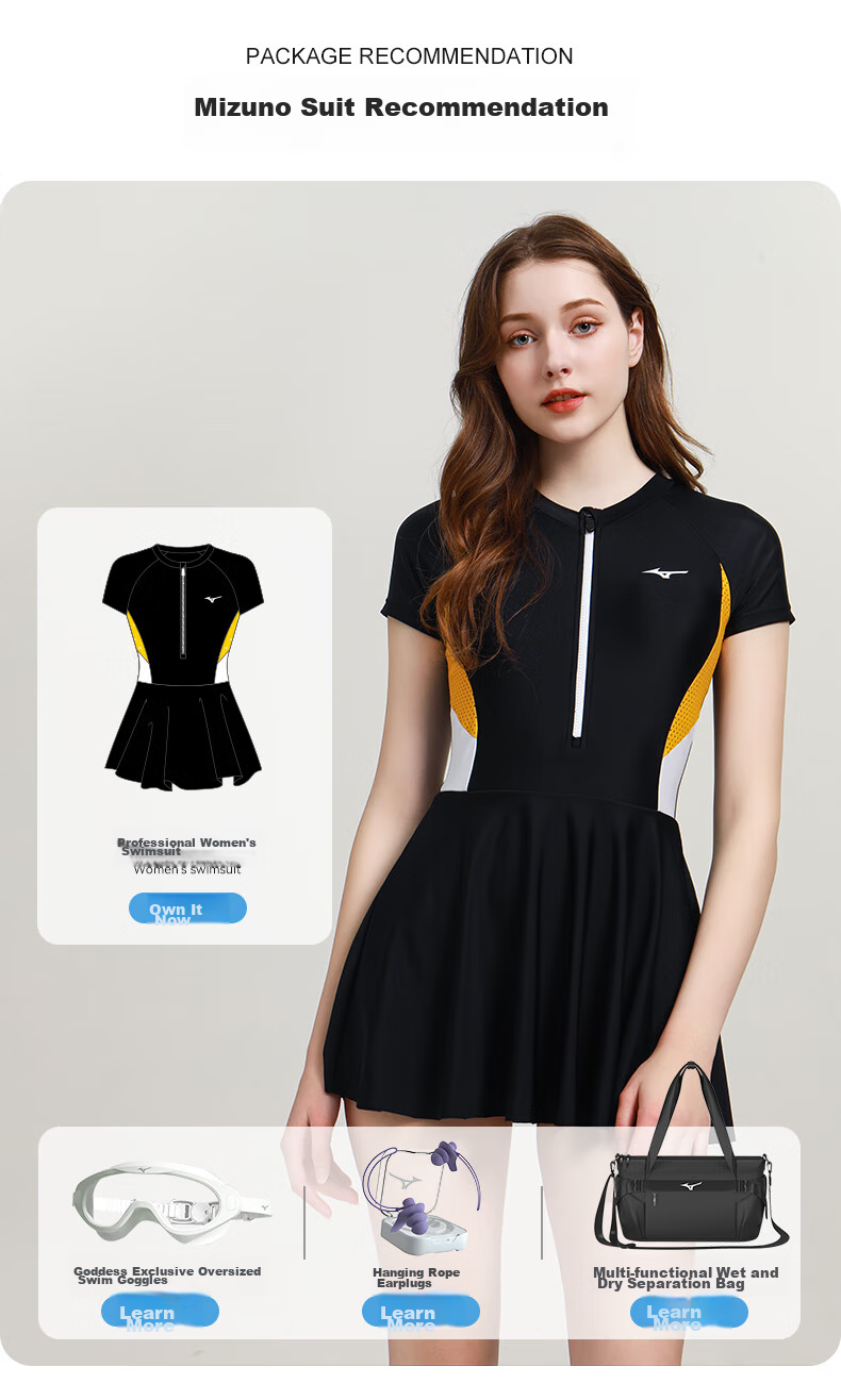 MIZUNO Women's One-Piece Swimsuit Dress, Hot Spring Swimwear, Plus Size, Tummy Control, Slimming, Quick-Drying, Conservative Swimming Costume A1320 Black S 12