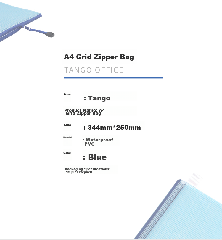 TANGO Office A4 Transparent Mesh Zipper Document Bag/file Holder/PVC Waterproof File Folder, 12 Pieces/pack, Blue, 3C Digital All-Net Low Price 3