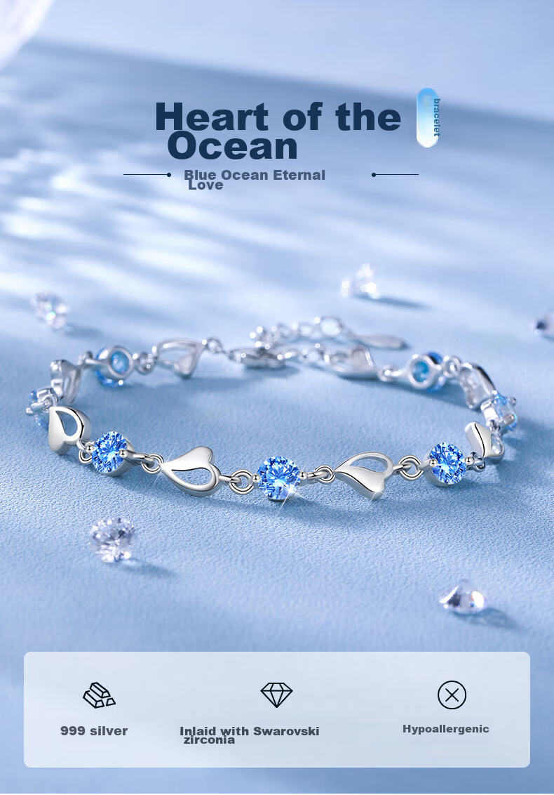 GLTEN Swarovski Zirconia Ocean Heart Silver Bracelet for Women, New Jewelry Design, Birthday Gift, Anniversary Present for Girlfriend Or Wife 1