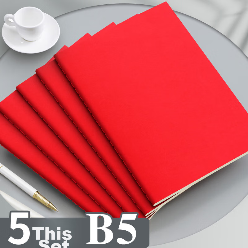 Faramon 5 B5 Notebooks, 50 Sheets Each, Thick Kraft Paper, Lined Pages, Soft Cover, Student Workbooks, Journal, Simple Office Notebook, 5 Books/red/250 Sheets