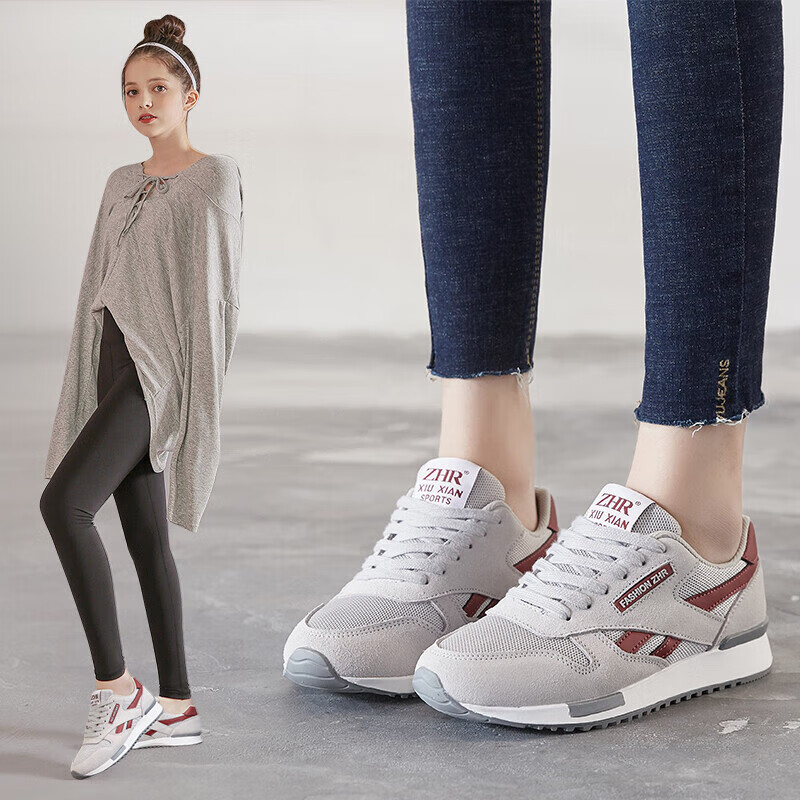 ZHR Women's Casual Shoes, Selected Cowhide Comfortable Versatile Women's Shoes, Classic INS Trendy Color-Block Sneakers for Women, Korean-Style Fashionable Lightweight Breathable Shoes for Women, AK60, Beige-Gray, Size 39