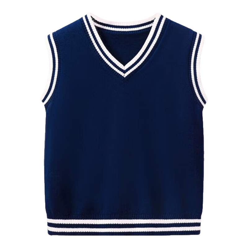 Luomeng Children's School Uniform Spring And Autumn Boys Girls Knitted Vest Set, Navy Blue White Trim Knitted Waistcoat, Size 150
