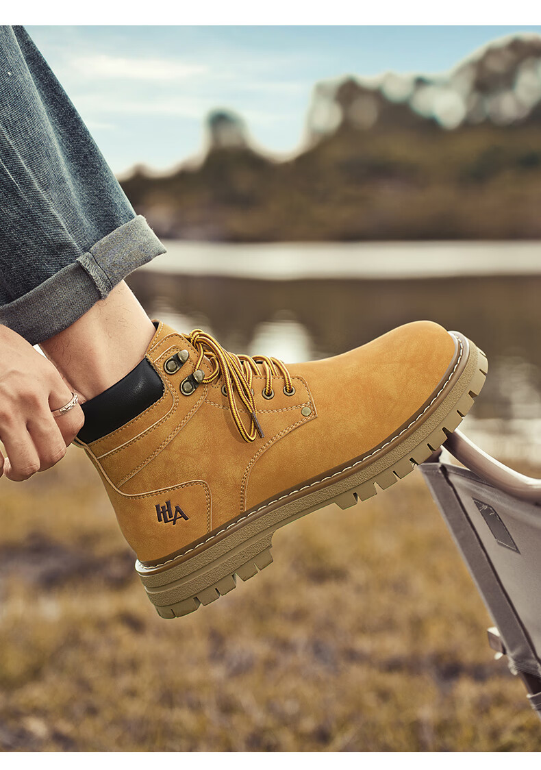HLA Couple Boots, Yellow Boots for Men, Comfortable Thick-Soled Martin Boots, Men's Style T249, Earth Yellow Color, Size 42 7
