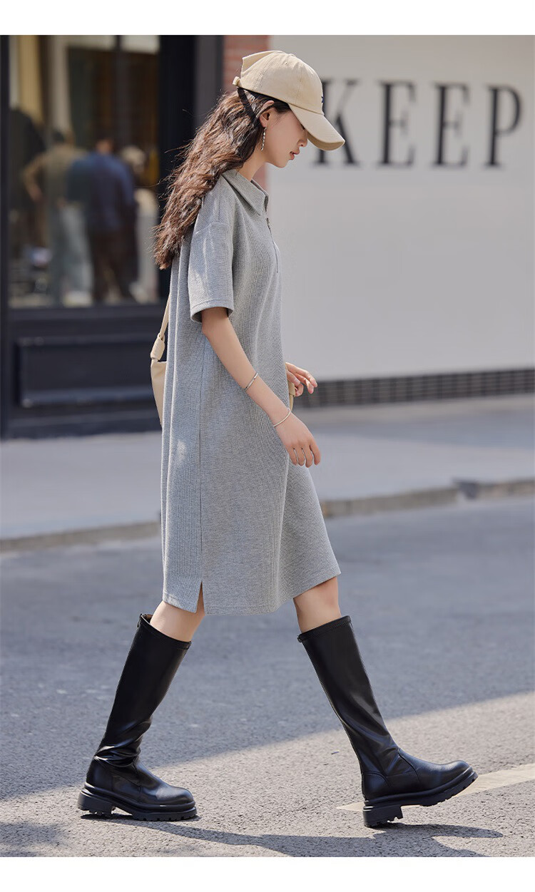 Dme [Waffle Skirt] Summer Polo Collar Zipper Short-Sleeve Waffle Dress 9