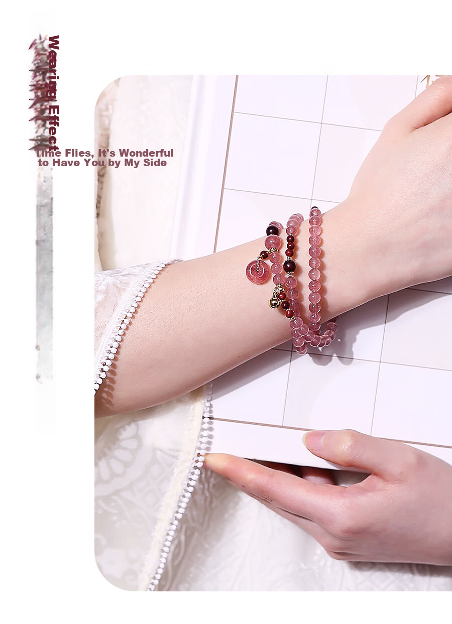 Fenghuangniepan Pink Crystal Bracelet with Peace Clasp, Multi-Layer Strawberry Quartz Bead Strand, Lucky Charm, Crystal Birthday Gift for Girlfriend Or Best Friend 9