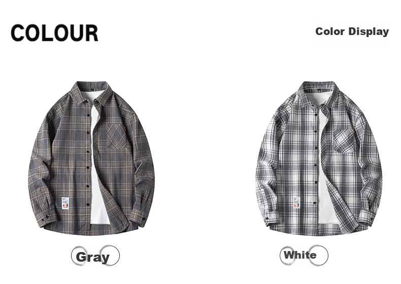 POUM Plaid Shirt Jacket for Men, Spring And Autumn Long-Sleeve Casual Shirt, Trendy Menswear, 2108 Gray, Size L 14