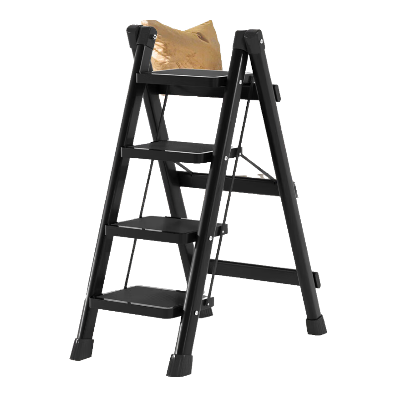 AOZHI Folding Ladder Household Multi-Functional Step Ladder Portable Storage Rack Carbon Steel Flower Stand Classic Black Four-Step