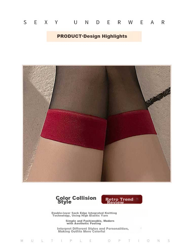 LangSha Silk Stockings for Women, Spring And Summer Ultra-Thin Sexy Over-Knee Stockings, Red Edge Black Silk Pure Seductive Style Thigh-High Patchwork Contrasting Color Thigh-High Socks 3