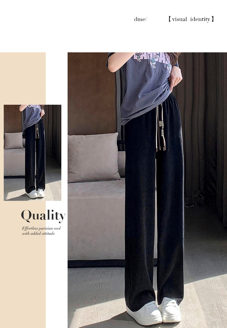 Dme [Cotton Velvet Wide-Leg Casual Pants], Autumn Mid-Rise Elastic Waist Trousers, Loose Women's Pants, Black, M 8
