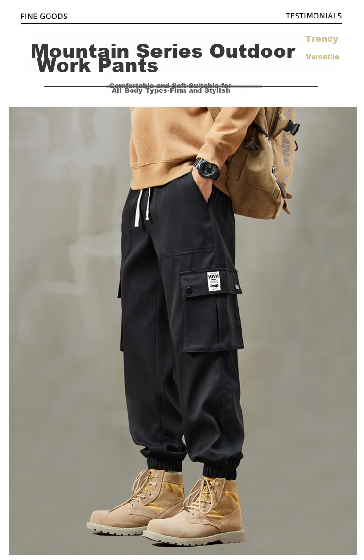 JEEP SPIRIT Men's Cargo Pants, Spring And Autumn Tapered Trousers, Classic Trendy Sweatpants, Loose Casual Pants, Black, Size L 2