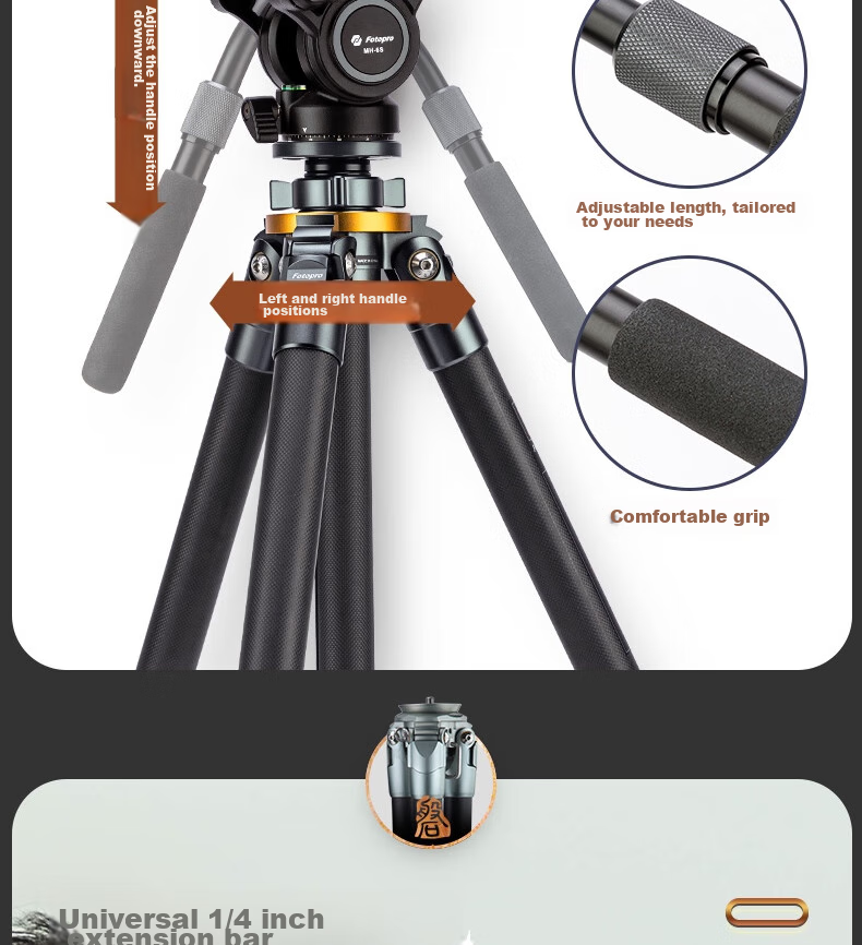 Fotopro T-74C+MH6S Professional Landscape Bird Photography Digital Camera, Mirrorless Camera Photography And Videography Hydraulic Video Gimbal, Carbon Fiber Camera Tripod 24