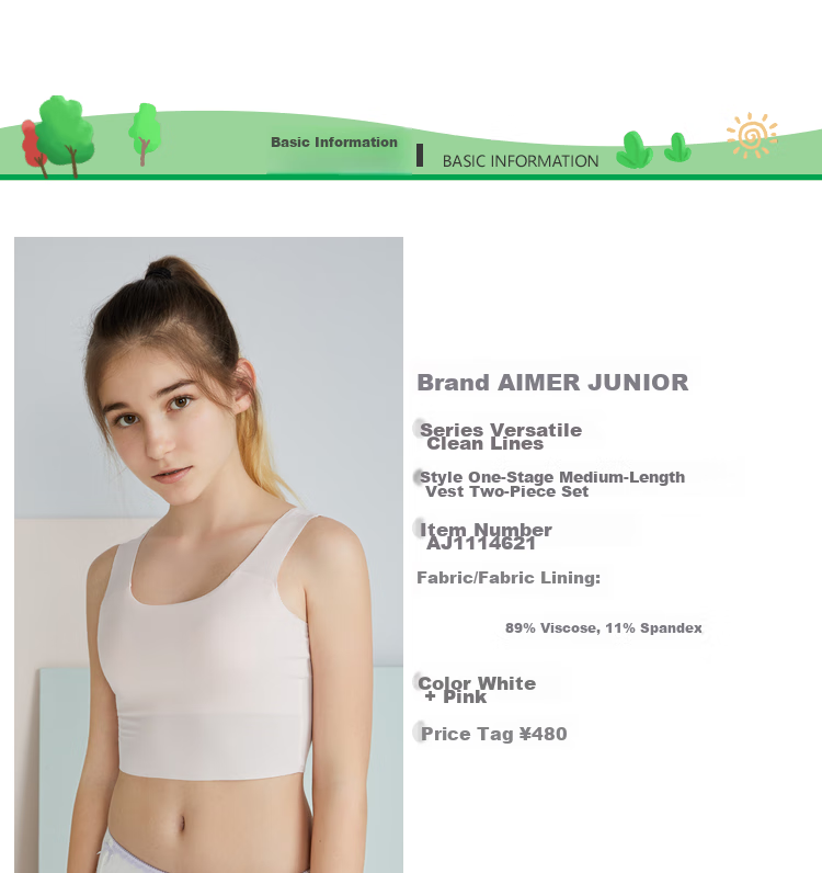 AIMER JUNIOR Girls' Developmental Underwear Stage One Mid-Length Vest Bra, Versatile Seamless 2-Piece Set White + Pink, Size 150 2