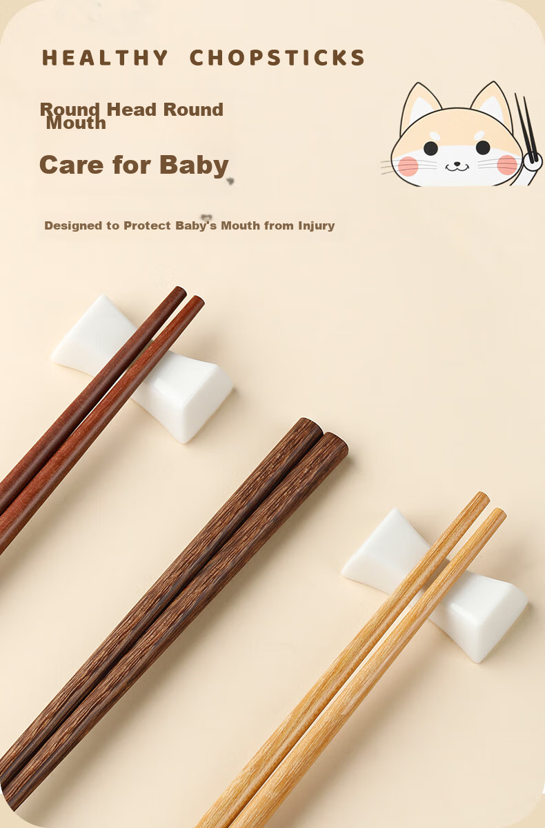 Tangzongkuai Children's Chopsticks Set of 6 Pairs, Training Chopsticks for Toddlers And Kids 3-12 Years Old, Unvarnished Wooden Tableware Set 6