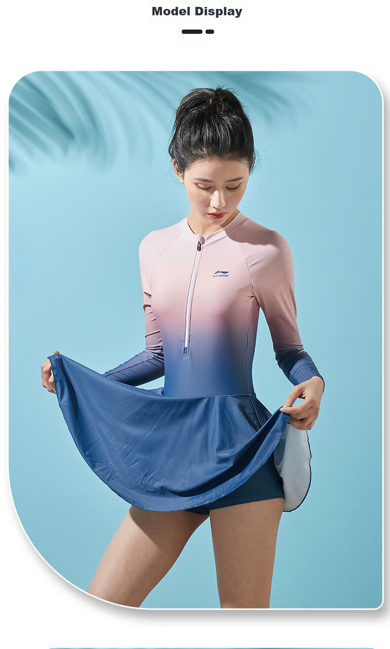 Li-Ning One-Piece Long-Sleeve Dress Swimsuit for Women, Comfortable High-Elasticity Breathable Contrasting Color Hot Spring Resort Swimwear 075 Blue-Red XL 10