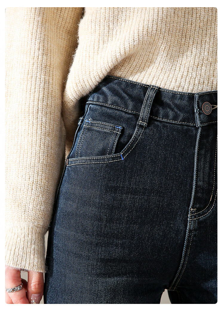 Dme [Fleece-Lined Slim Straight-Leg Pants] Winter Slim Straight-Leg High-Waist Elastic Fleece Wide-Leg Jeans for Wome 12