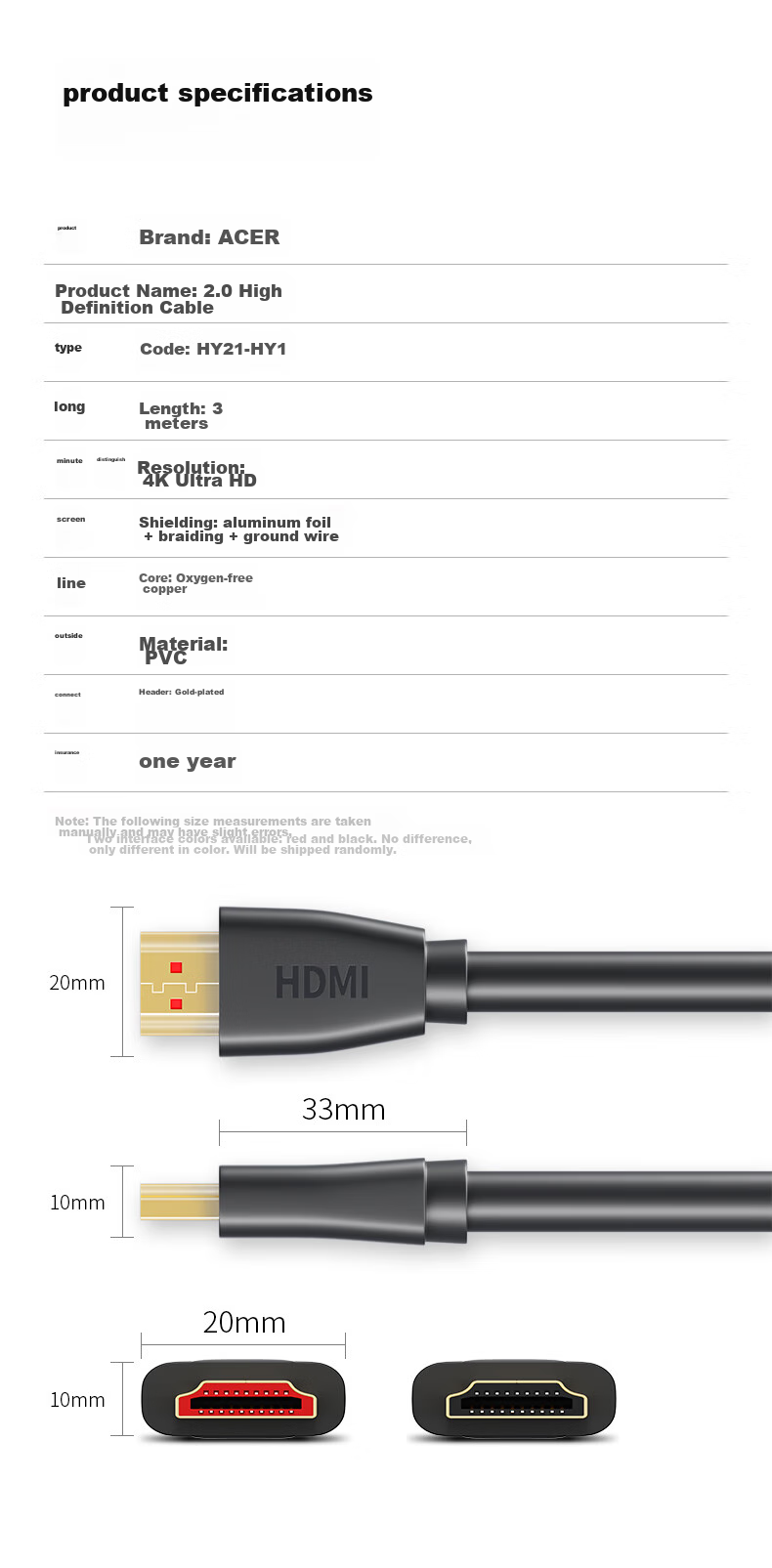 Acer HDMI Cable Version 2.0, 4K Ultra HD Cable 3 Meters, 3D Video Cable Engineering Grade, Data Connection Cable for Laptops, Monitors, Set-Top Boxes, TVs, And Projectors 12