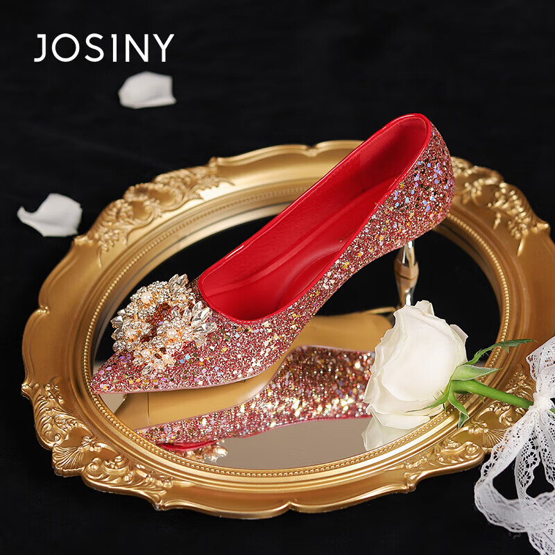 Josiny Elegant Wedding Shoes High Heels for Women, Chinese-Style Wedding Dress Matching, Qipao, Toasting, Comfortable, Red, Size 36