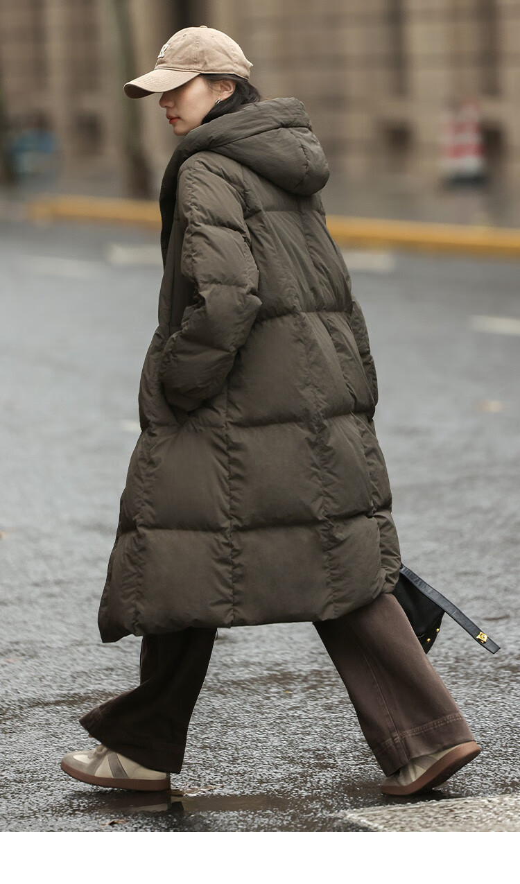 Dme [Retro Long Hooded Down Jacket] Winter Style with Side Pockets, Waist Belt, Long Women's Down Coat, Coffee Color, M 17