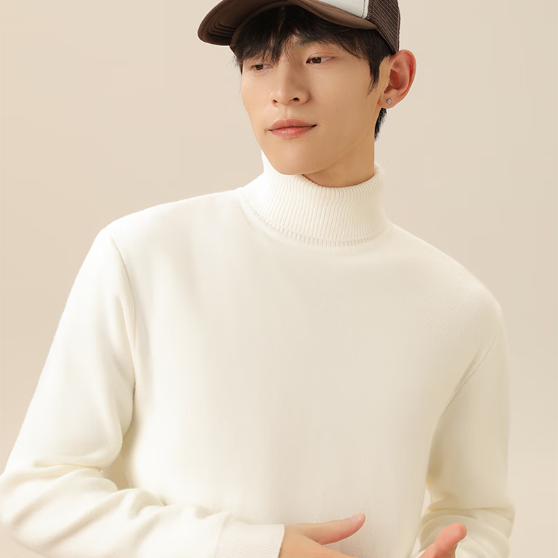 MINISO Fleece-Lined Sweater for Men, Autumn And Winter Warm Turtleneck Knit Pullover Base Layer, Thickened, White, XL