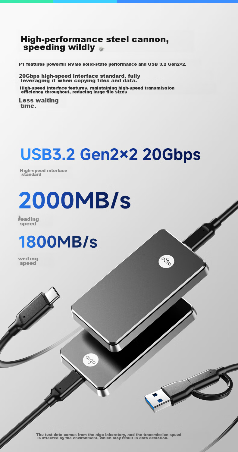 Aigo 500GB Portable Solid State Drive (PSSD) P1 Type-C USB3.2 Read Speed 2000MB/s Direct Phone Connection Portable Gaming External Hard Drive 5