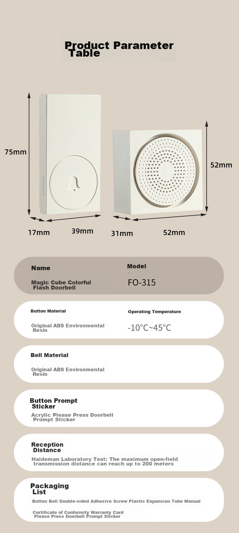 Advent Wireless Doorbell, Colorful Light-Up Self-Powered Home One-Key Silent Call Button, Cream Style 17