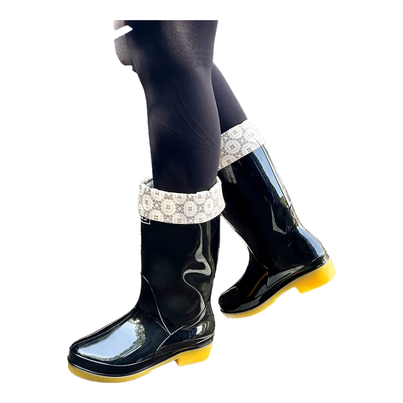 Huili Women's Fashionable Outdoor Waterproof Rain Boots, Non-Slip Wear-Resistant Rubber Shoes, 6813 Black with Fleece Lining, Size 38
