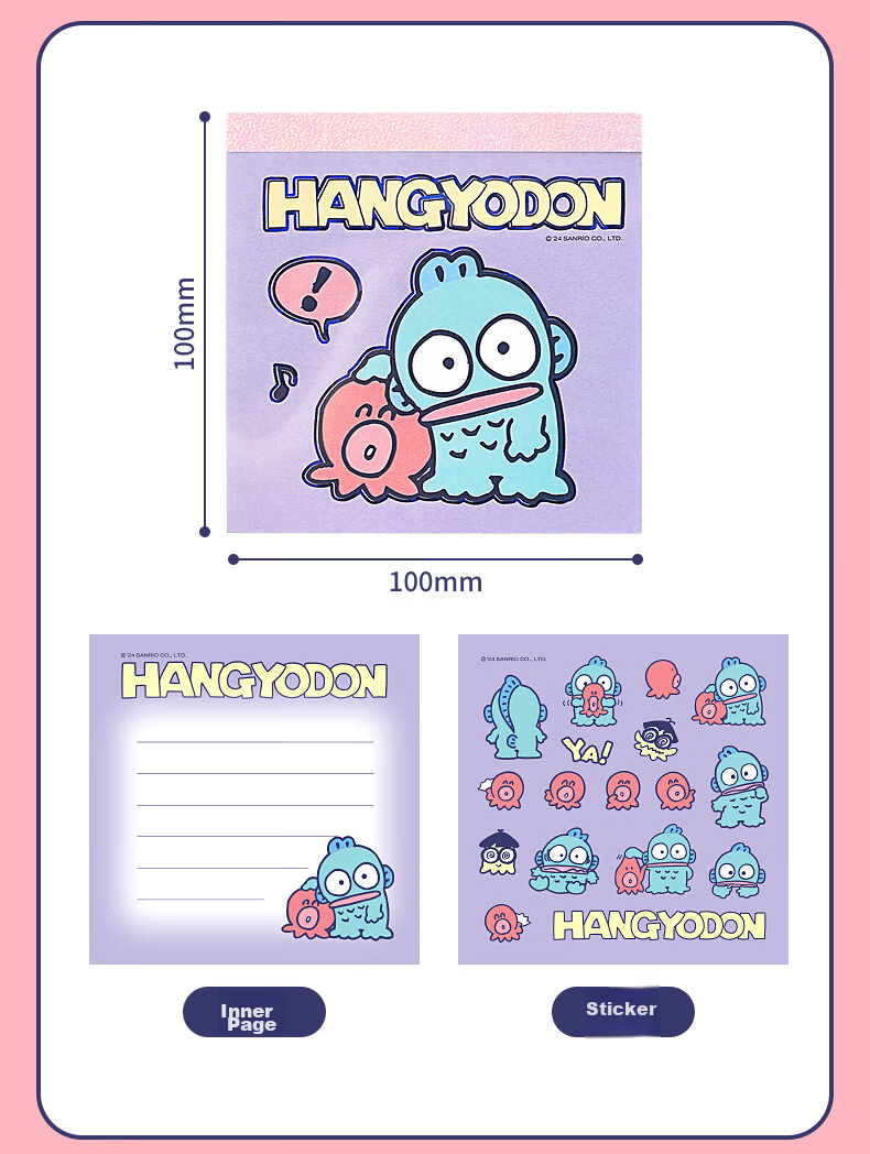 GuangBo X Sanrio Co-Branded Square Notebook, Mini Pocket Notebook, Memo Pad, Aesthetic Journal, Notepad, 100*100mm/80 Sheets, Half-Person Fish Green, KT81387 2
