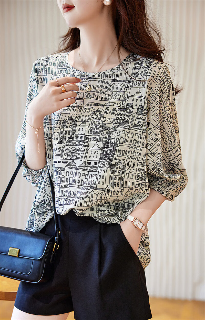 Dme [Wandering Cities] Summer Design Line Architecture Print Shirt, Smooth Composite Silk Floral Yao Blouse Women's Top 8