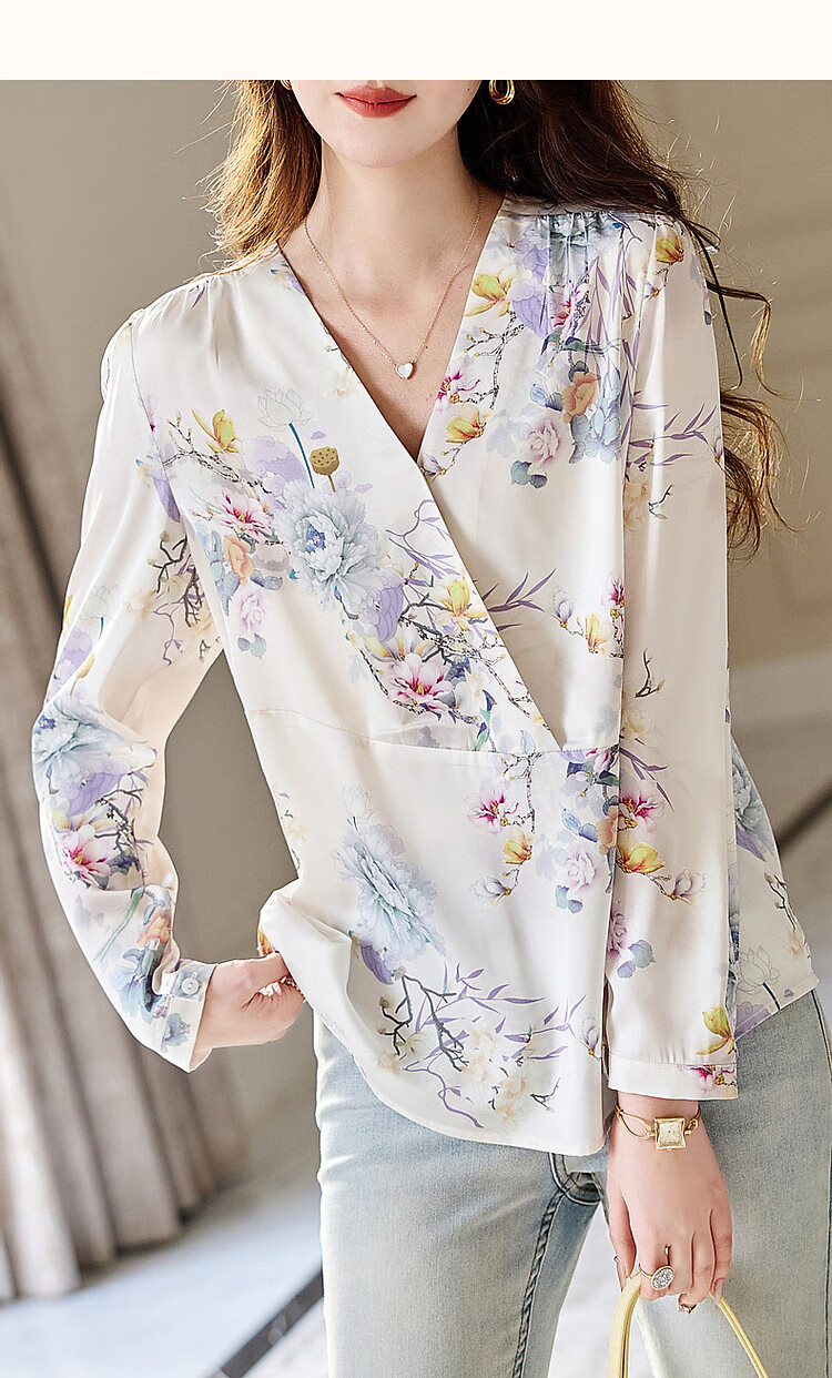 Dme Smooth Shiny Floral Print Women's Shirt, Spring And Autumn New V-Neck Long-Sleeve Blouse, Women's Plant Print Shirt 9