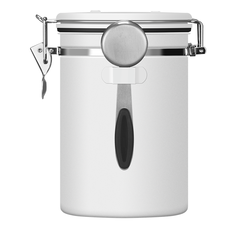 Mongdio Coffee Bean Airtight Container, 304 Stainless Steel Coffee Grounds Storage Jar, One-Way Air Release Coffee Canister with Spoon, White