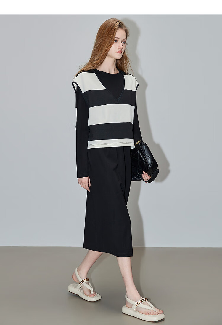 Dme [Laziness Casual Outfit] Spring And Autumn New Fashion Draping Roman Fabric Dress, Box-Shaped Striped Vest Two-Piece Set 3