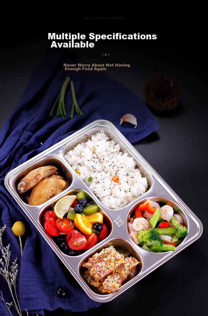 Jinyaoshi 304 Stainless Steel, Thickened Compartmented Fast Food Tray for Adults, Full Steel Lunch Box with Lid, Five Compartments GK-510KC 2
