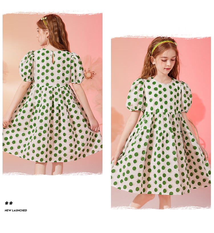 ASK JUNIOR Girls' Dress, Summer 2024 Thin Style, for Older Children, Fashionable Polka Dot Print, Pure Cotton Princess Dress, Green, Size 160 9