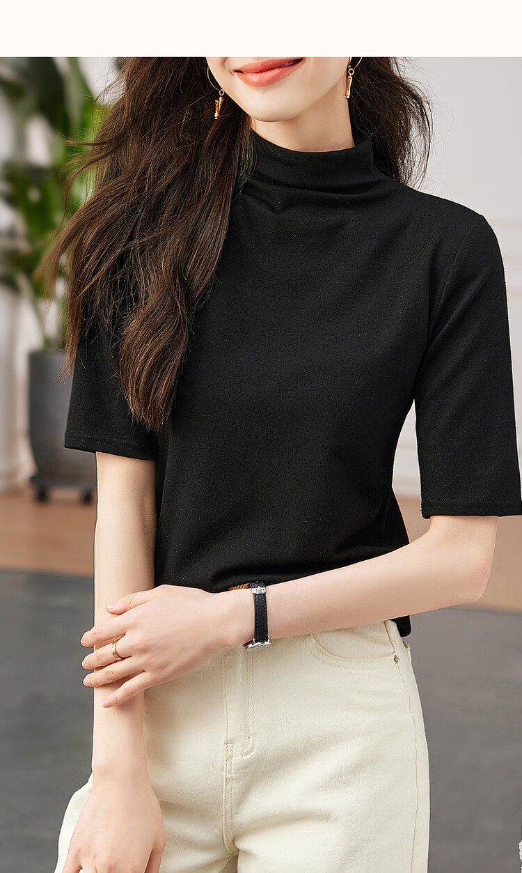 Dme [High-Elastic Simple Mid-Sleeve Base Shirt], Autumn Stand-Up Collar Slim-Fit Women's T-Shirt 25