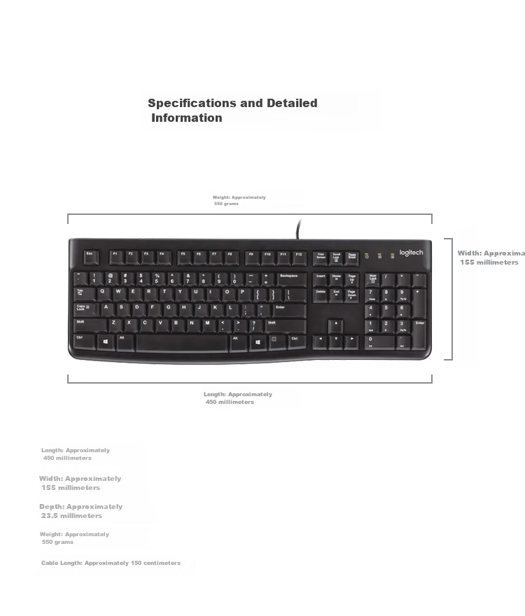 Logitech K120 Keyboard, Wired Keyboard, Office Keyboard, Full-Size, Black USB Port, 104 Keys 8