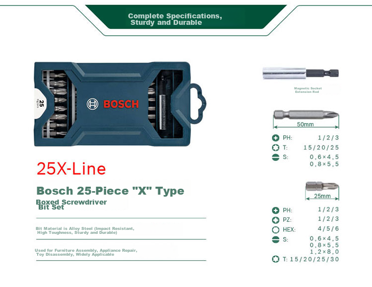 BOSCH Screwdriver Bit Set for Furniture And Appliance Repair, Toy Disassembly, Alloy Steel Material, 25 Pieces "X" Shape Boxed 2