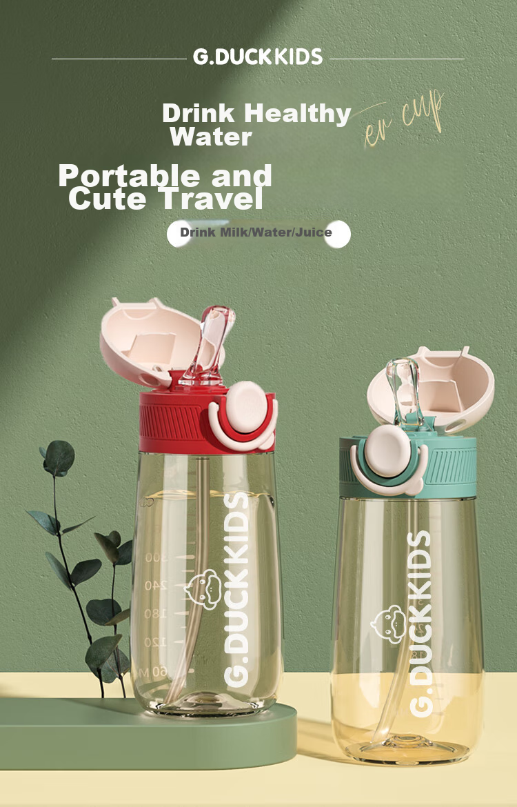 G.Duck Children's Flip Lid Straw Water Bottle 500ml with Carrying Strap, Flip Lid Design, Safety Lock, Haiman Red 1