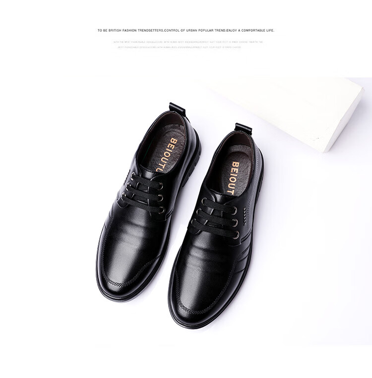 BEIOUTU Leather Shoes for Men, British Style Business Casual Lace-Up Round Toe Comfortable Formal Men's Shoes 7118 Black Size 39 9