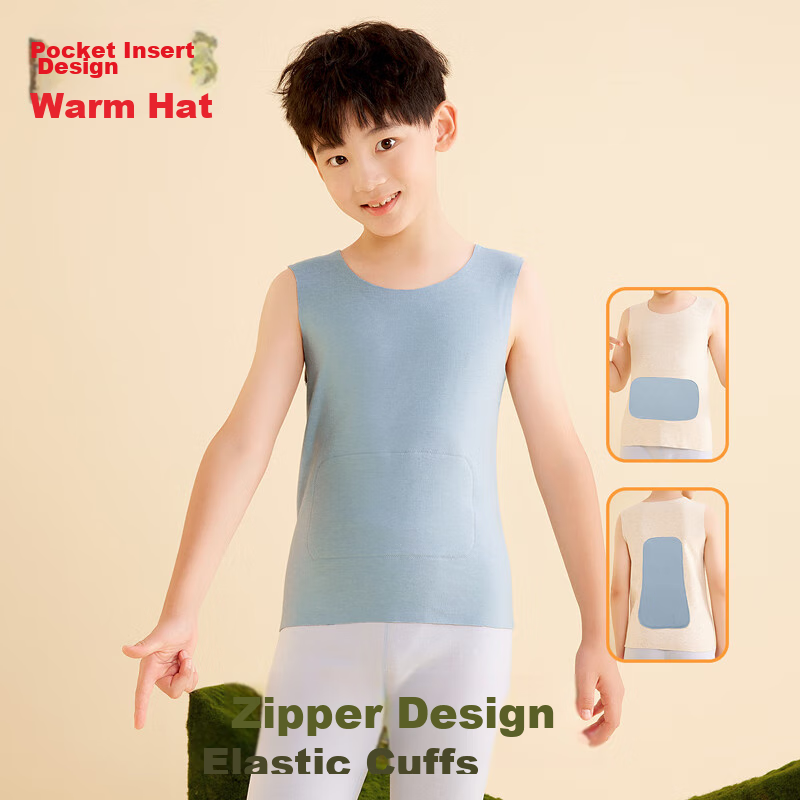 Hodohome Children's Thermal Vest, Boys' 3A Antibacterial Vest with Wool And Silk, Seamless Fleece-Lined Waistcoat, 271 Blue, Size 140