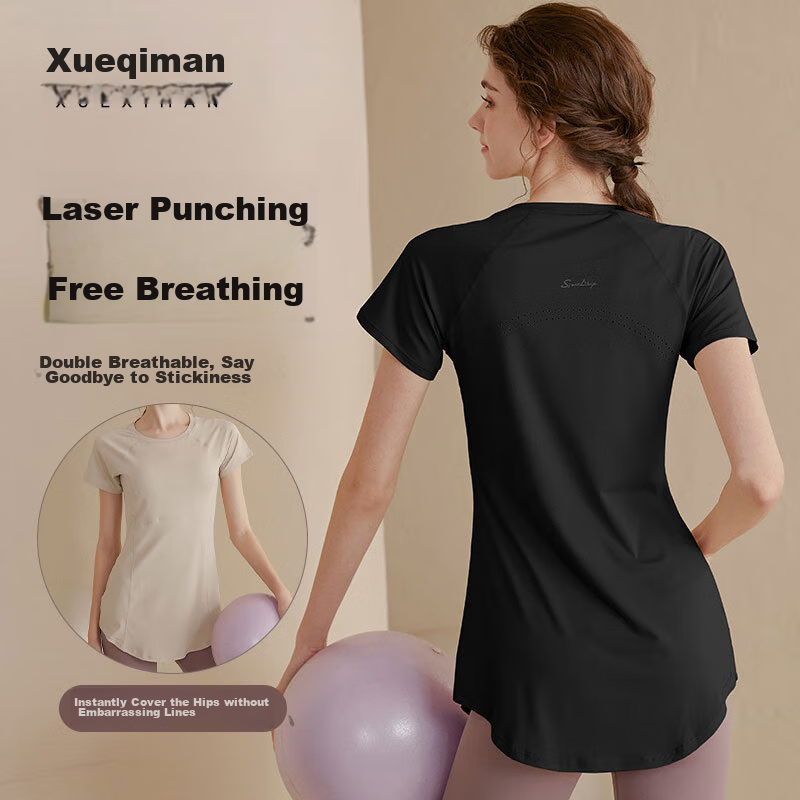 XUEXIMAN Yoga Wear Sports Top for Women, Summer Quick-Dry Short-Sleeve T-Shirt, Mid-Length, Hip-Covering, Slimming, Breathable Running Fitness Wear
