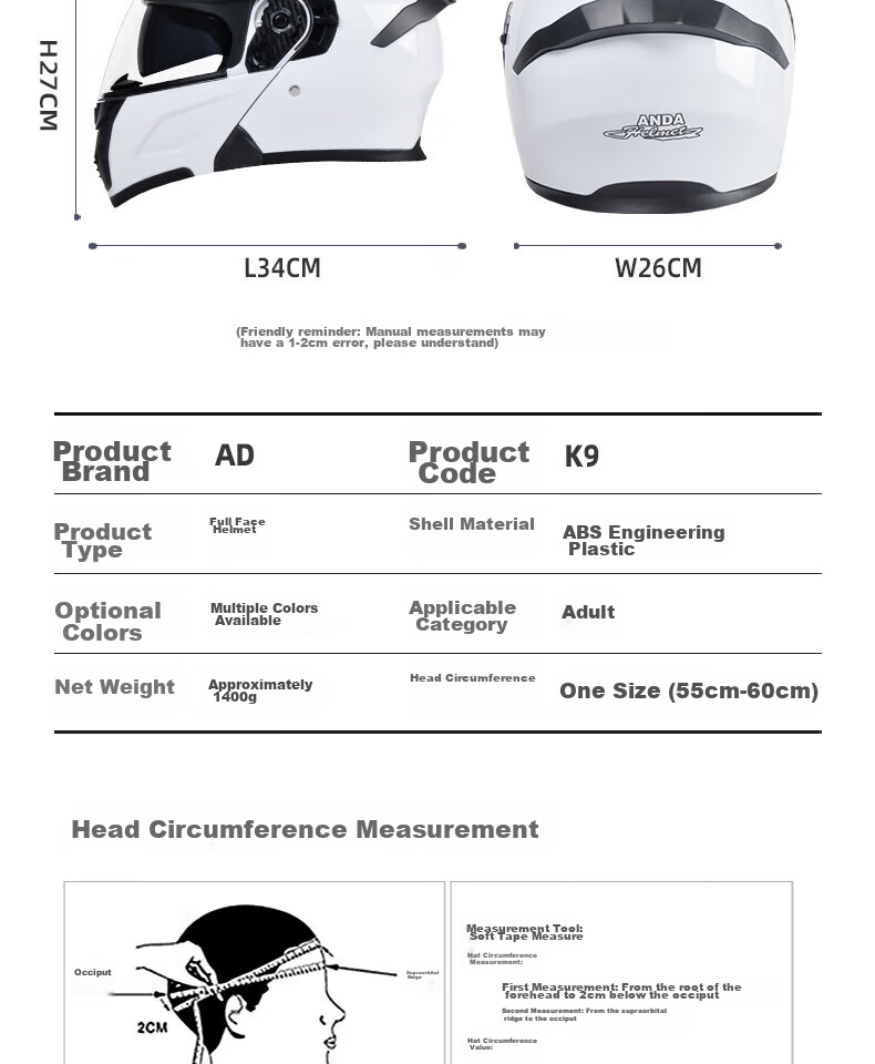 AD Motorcycle Flip-Up Helmet, 3C Certified, Unisex All-Season Flip-Up Helmet, Class A Winter Anti-Fog Motorcycle Full Helmet, Summer Electric Scooter Safety Helmet, K9 White 20