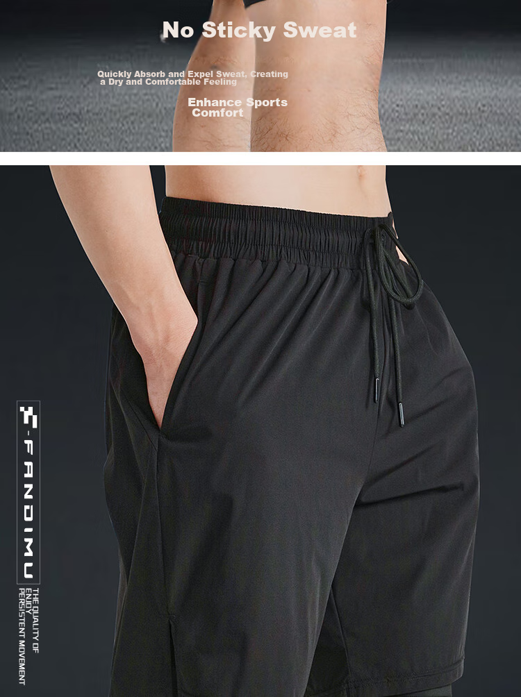 Fandimu Men's Sports Shorts, Marathon Running Black Double-Layered Inner Lining Fitness Hiking Quick-Dry Breathable Knee-Length Shorts 5