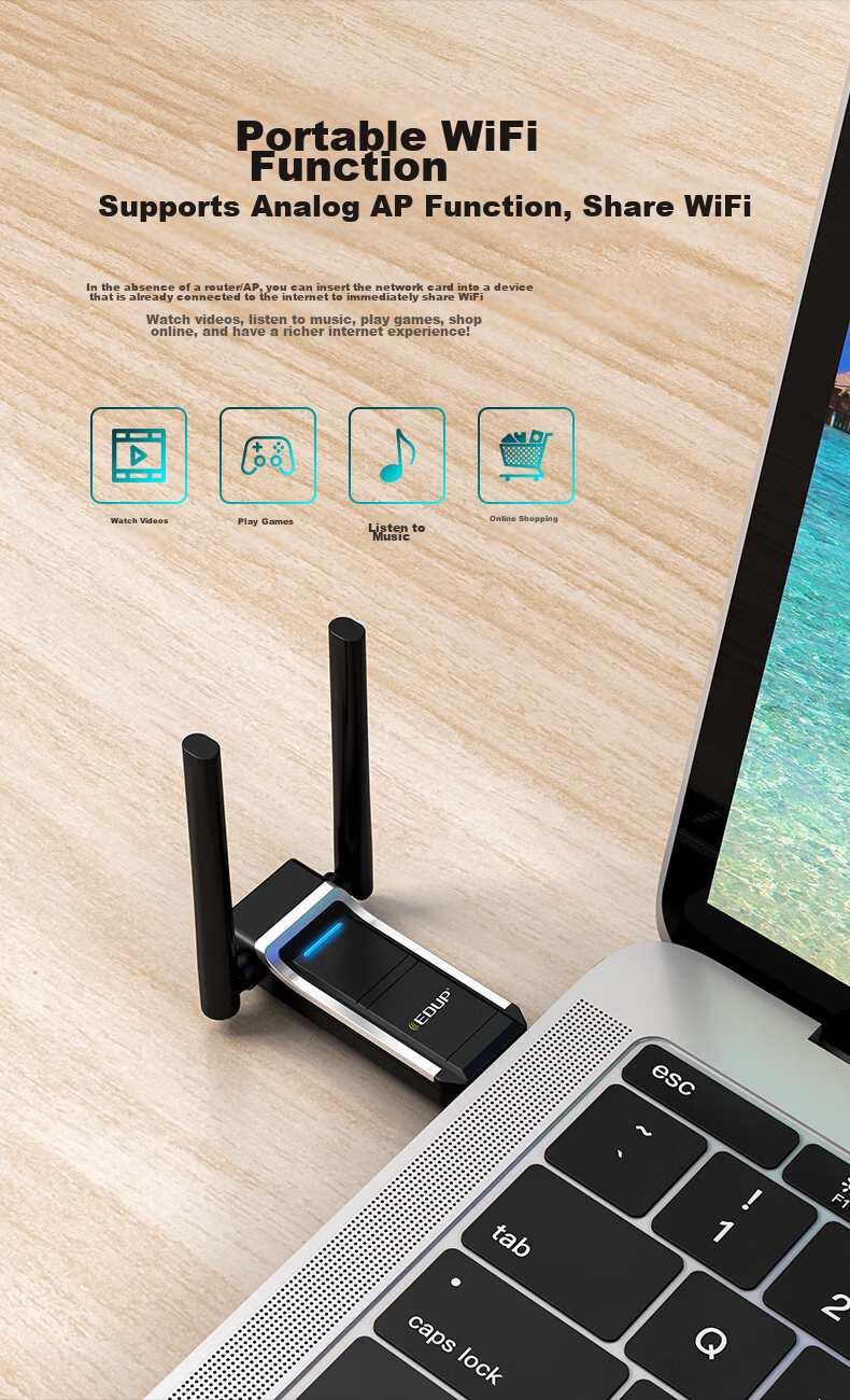 EDUP Gigabit 5G Dual-Band Wireless Network Card, 1300M High-Power Mini USB3.0 Network Adapter, Receiver And Transmitter, AP Mode EP-AC1689GS 5