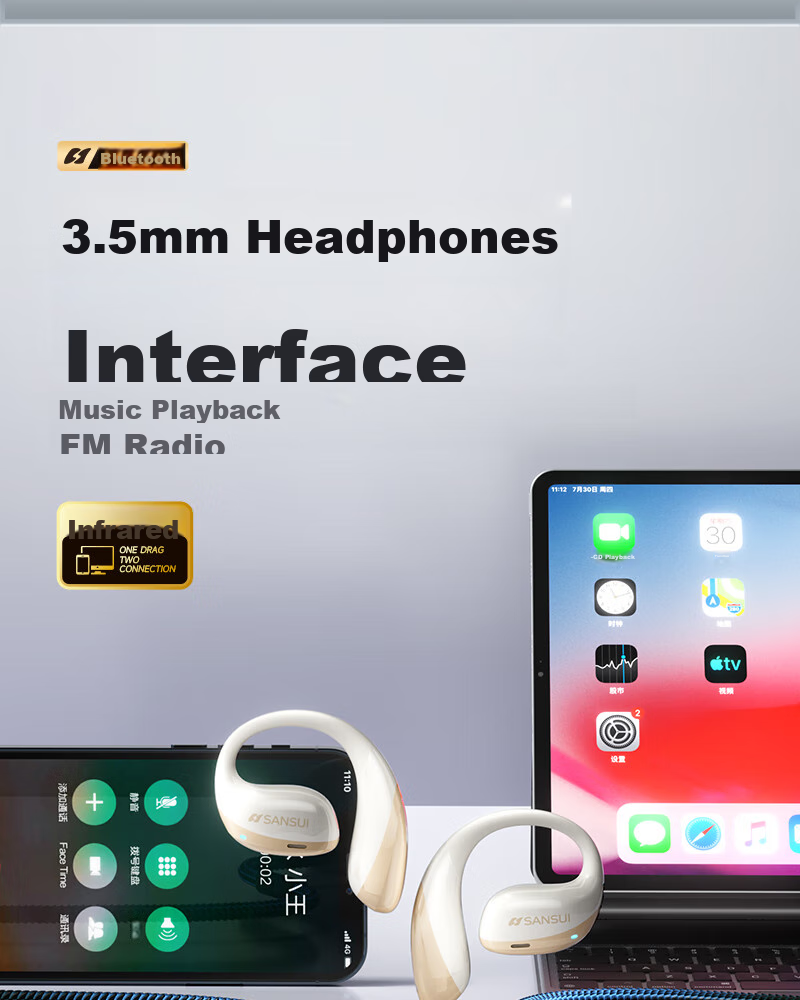 SANSUI [Major New Product | Three Major Upgrades] T19/W19 Bluetooth Headphones, Over-Ear Bone Conduction Concept, Non-In Open Wireless Noise-Cancelling Sports Headphones, Compatible with Xiaomi 16