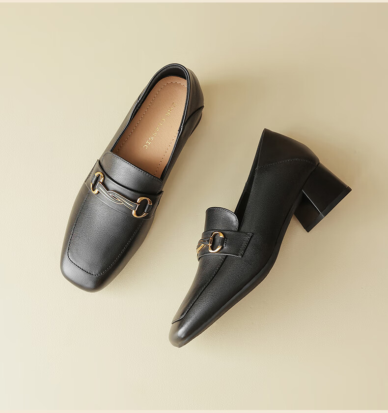 ZHR Top-Grain Leather Women's Loafers, Commuter Style with Chunky Heel, Square Toe Slip-On Shoes, Two-Way Wear Women's Shoes KM01 Black Size 36 7