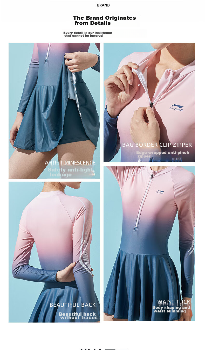 Li-Ning One-Piece Long-Sleeve Dress Swimsuit for Women, Comfortable High-Elasticity Breathable Contrasting Color Hot Spring Resort Swimwear 075 Blue-Red XL 9
