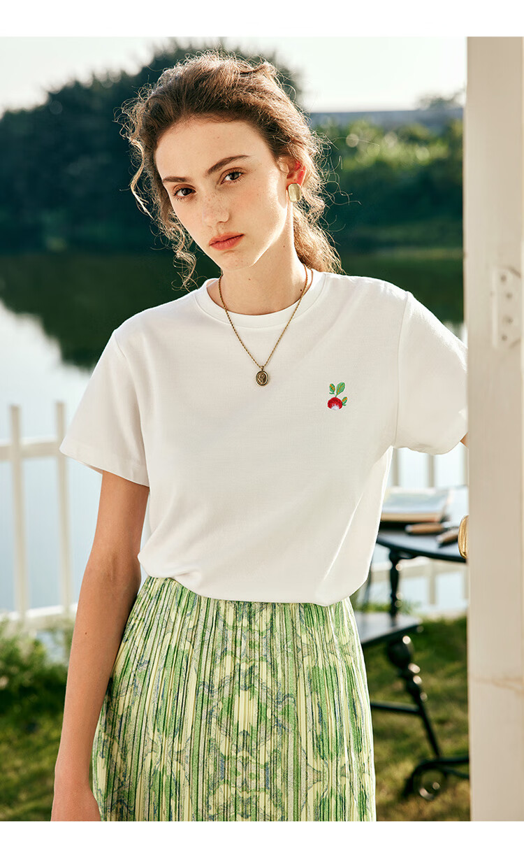 Olrain French Style Short Sleeve T-Shirt Summer Women's Loose Embroidered Lightweight Top Beige S 7