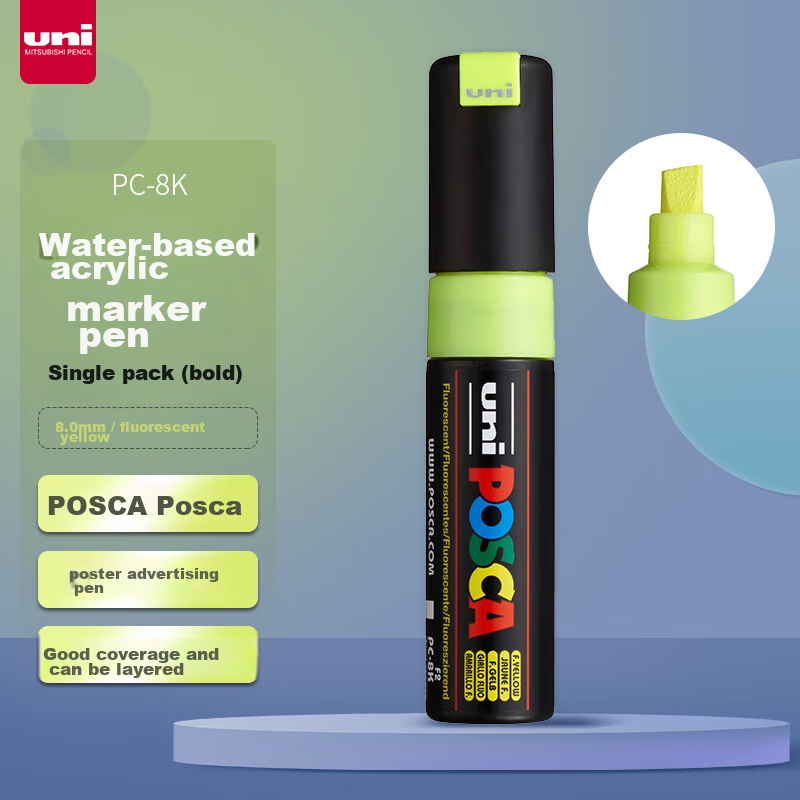Uni Mitsubishi POSCA Acrylic Marker (Large Size), Fluorescent Yellow, Single PC-8K Brush, Poster Advertising Marker, Drawing Handwriting Graffiti Pen, Painting Watercolor Pen, Graduatio