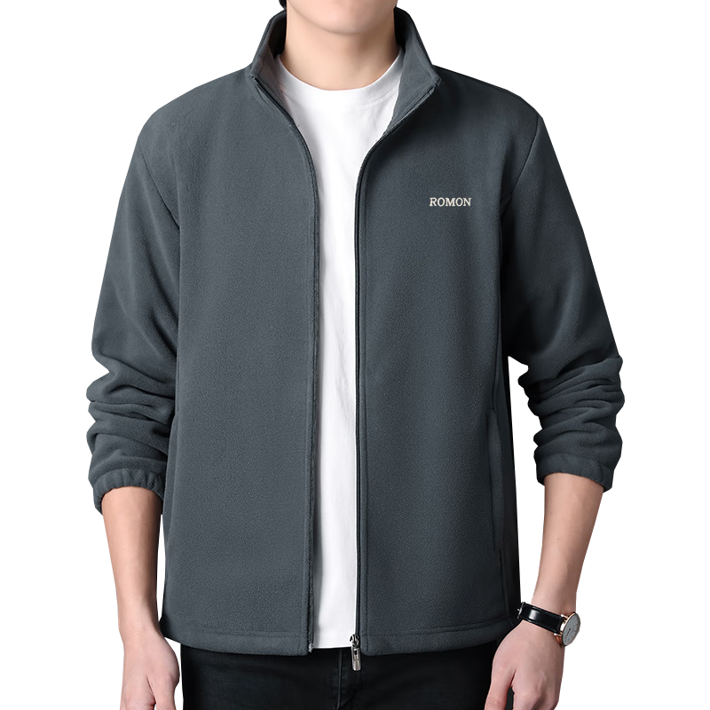 ROMON Men's Spring Autumn Casual Trendy Faux Lamb Wool Stand Collar Fleece Soft Polar Fleece Jacket Gray AM